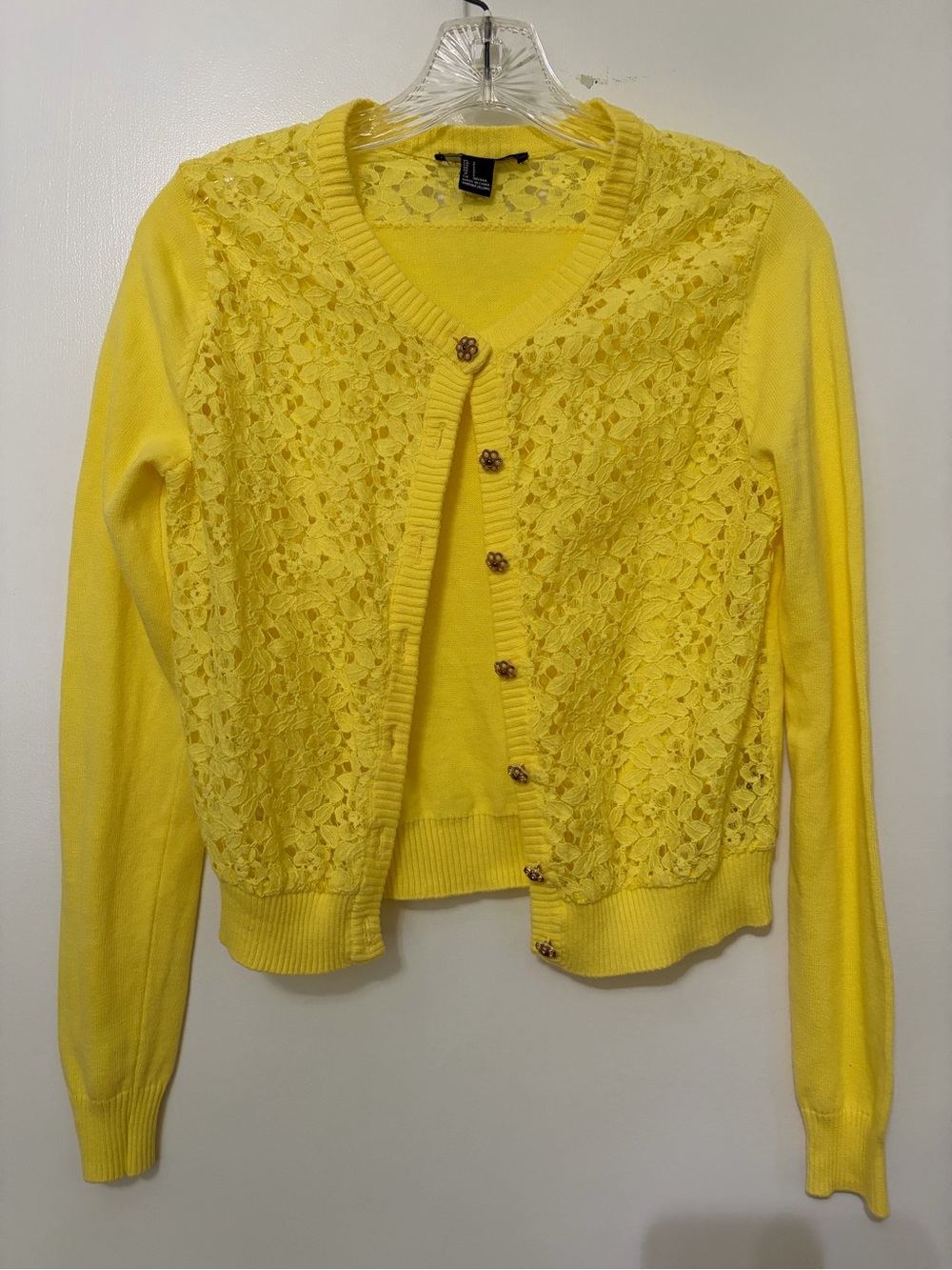 Forever 21 Yellow Lace Button Up Cardigan Sweater Size Small